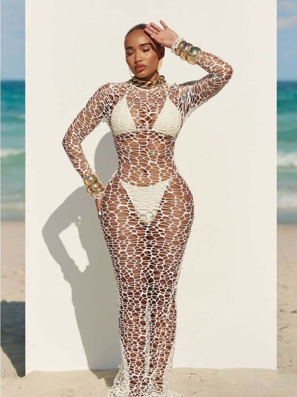 Matte Collection Long-Sleeve Crochet Maxi Beach Cover-Up in Cloud